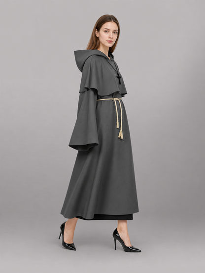 Gray Medieval Hooded Costume Cloak side view 2