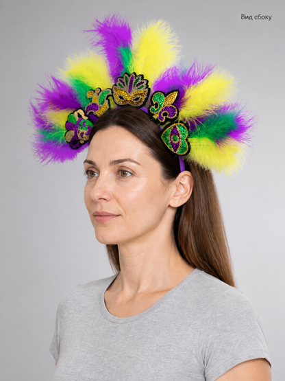 Halloween Carnival Headpiece with Feathers and Mask side view