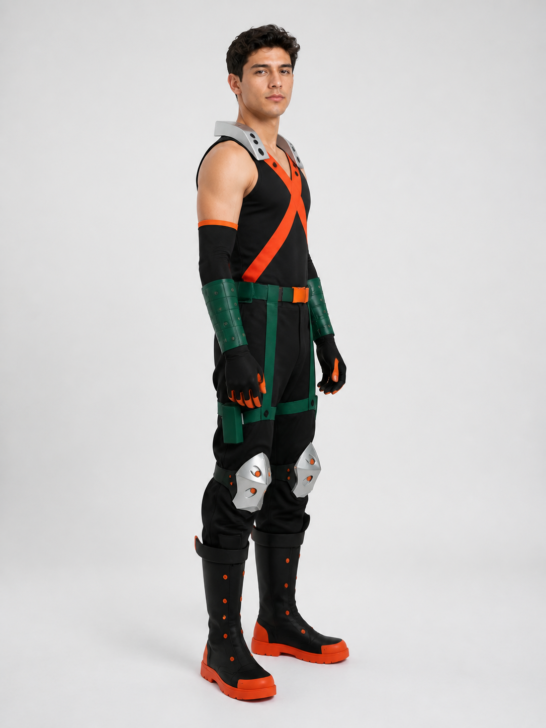 Anime cosplay costume with green bracers side view