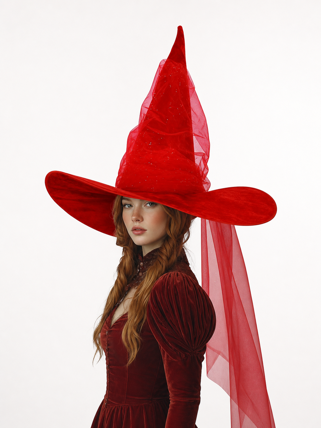 1pc Red Halloween Witch Hat with Very Tall Pointed Crown, Extra-Wide Floppy Brim and Sheer Glitter-Speckled Overlay for Cosplay Parties