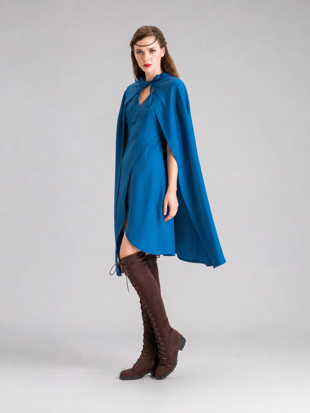Vampire Costume with a Long Blue Dress and Cape