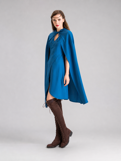 Vampire Costume with a Long Blue Dress and Cape