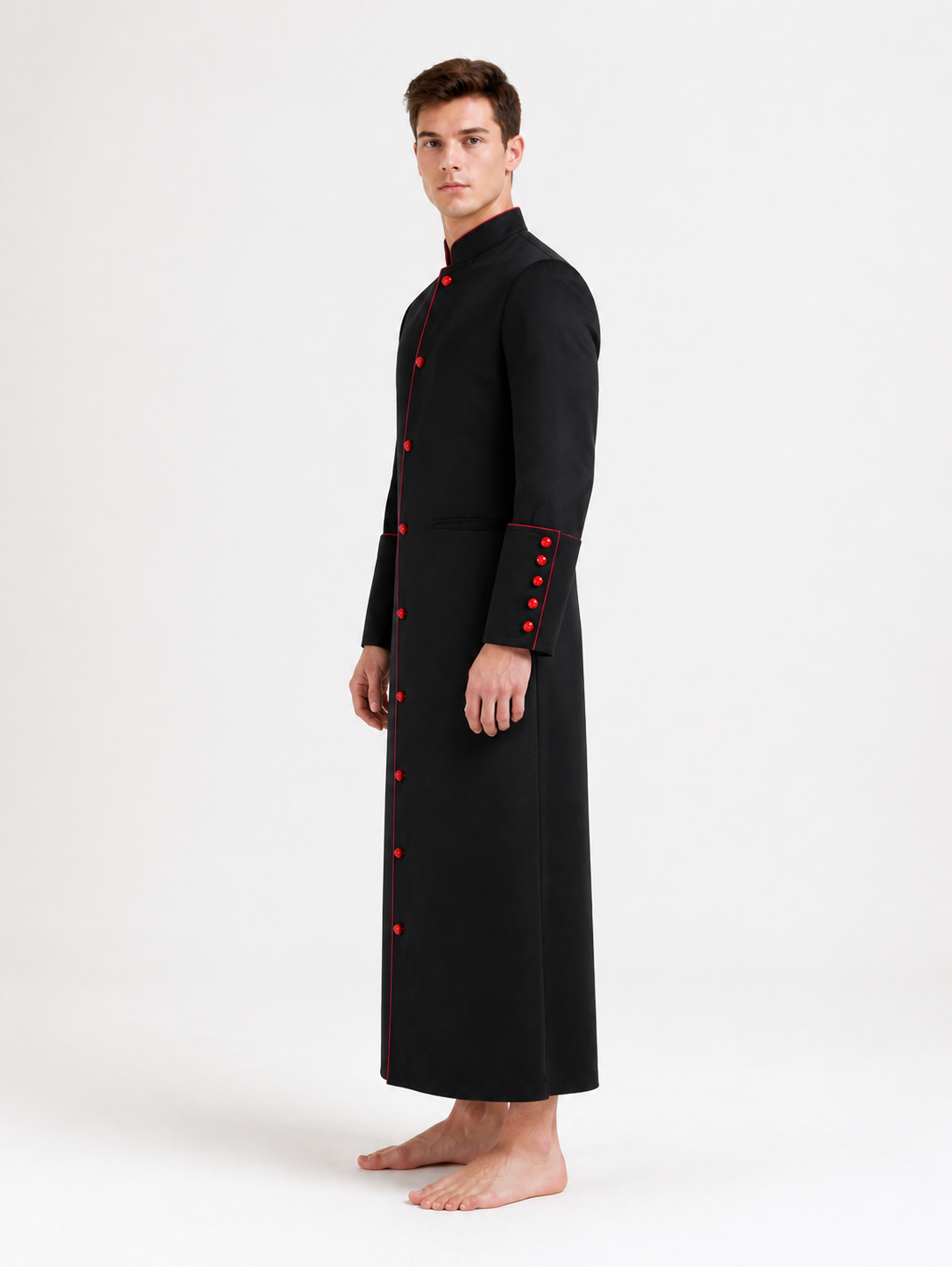Pastor Costume with Red Trim and Stand Collar side view