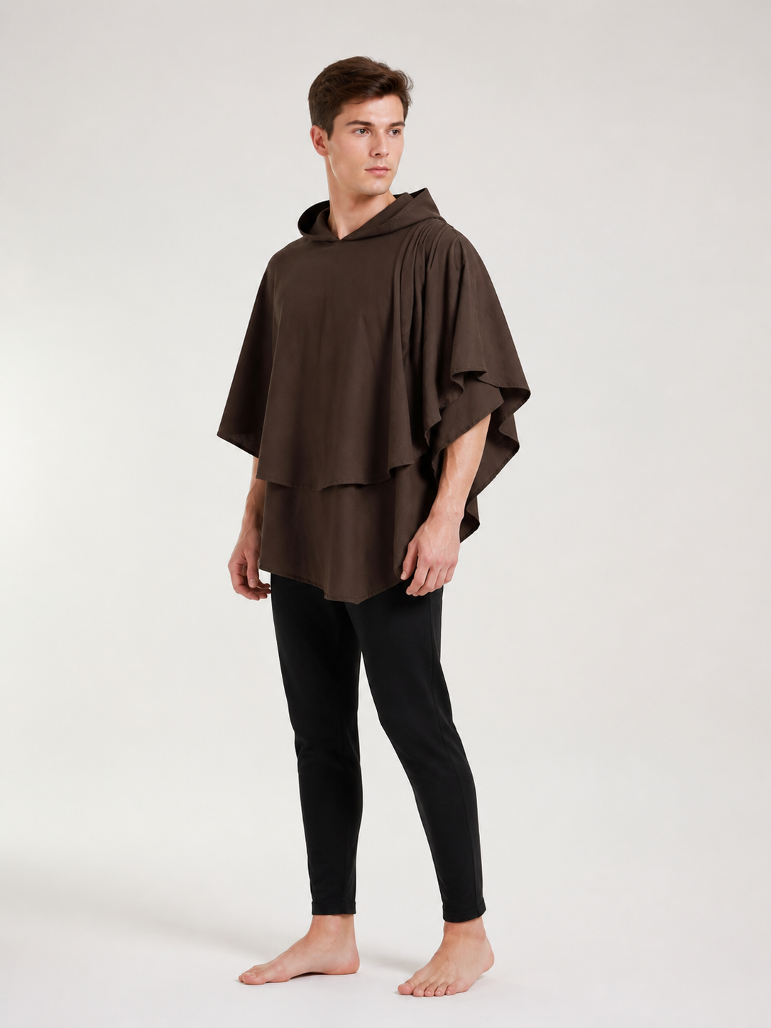 Women's Hooded Wanderer Cloak Costume with Layered Hem, Shoulder Draped Pleats side view