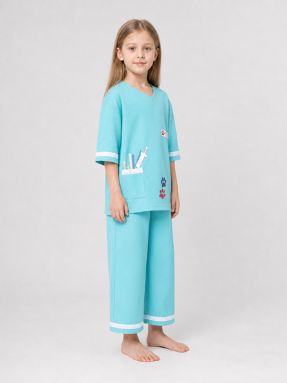 Veterinarian Medical Uniform Role-Play Costume: The set includes a short-sleeve V-neck top with a patch chest pocket and loose-fitting pants with white trim stripes along the bottom edge. The costume is light turquoise with white accents an