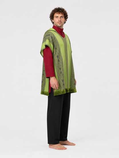 Costume with a striped cape and geometric pattern side view