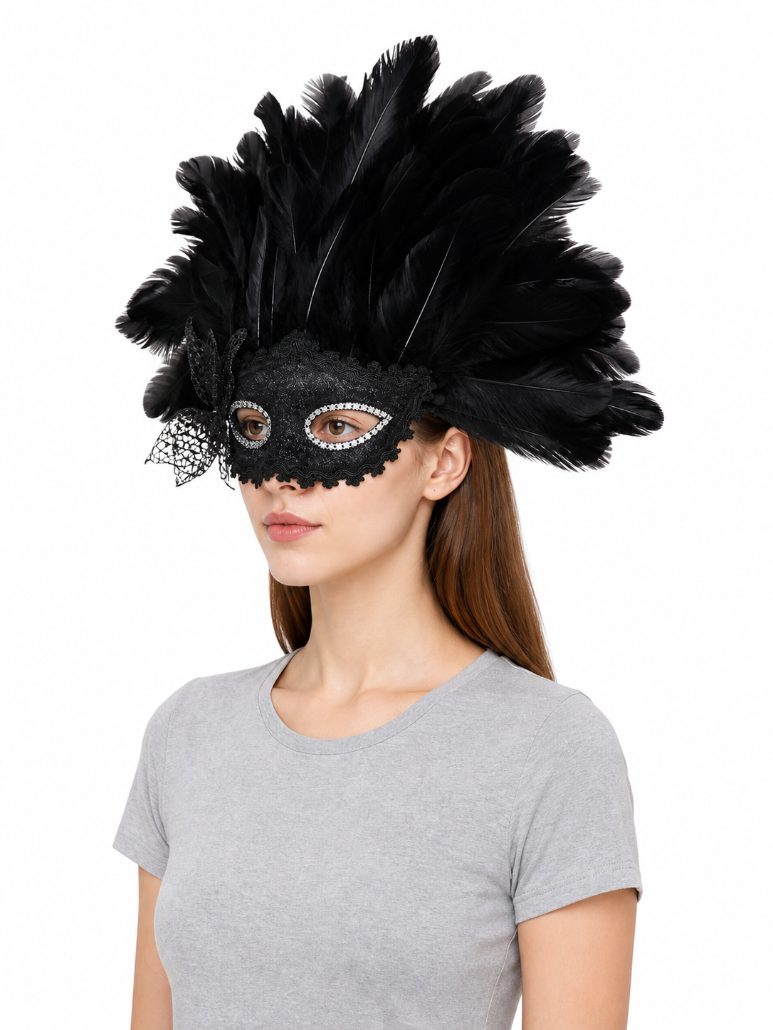 Carnival Mask with Black Feathers and Glitter