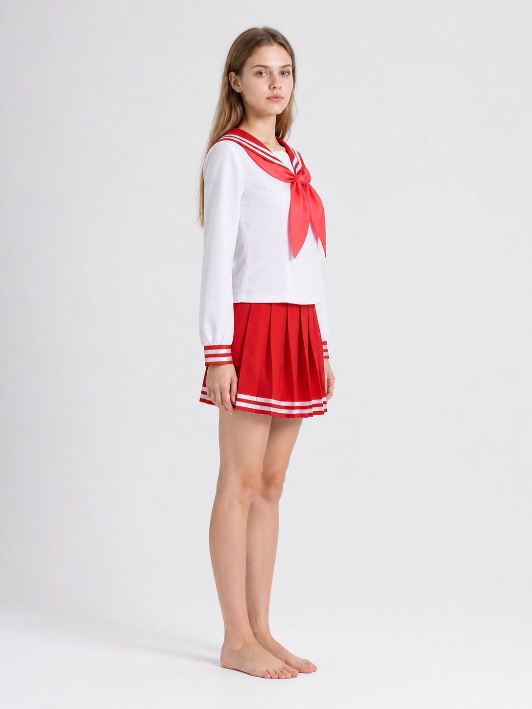 White and Red Sailor Cosplay Costume with Bow and Skirt side view