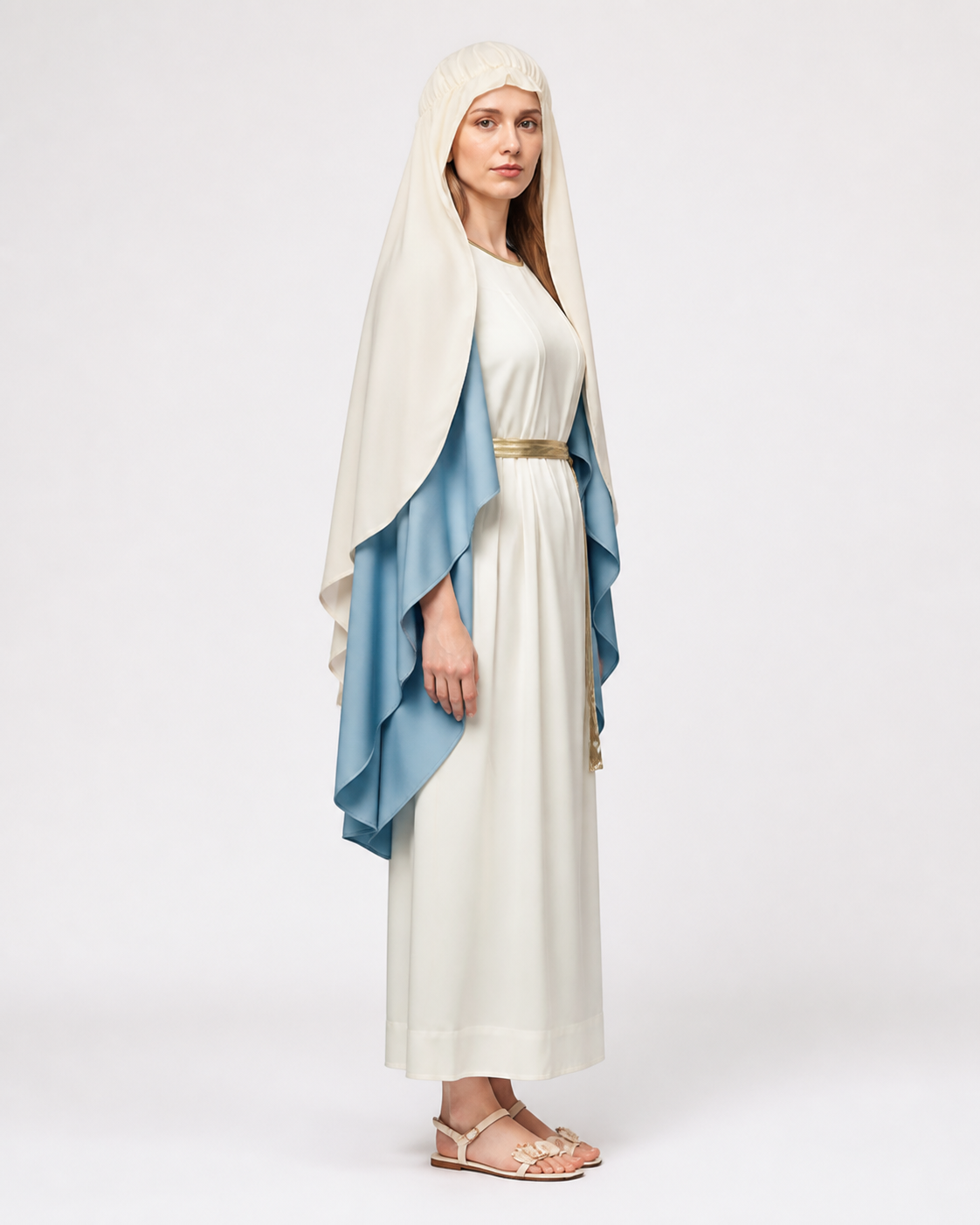 Long Dress with a Blue Cape, Scarf, and Gold Belt side view