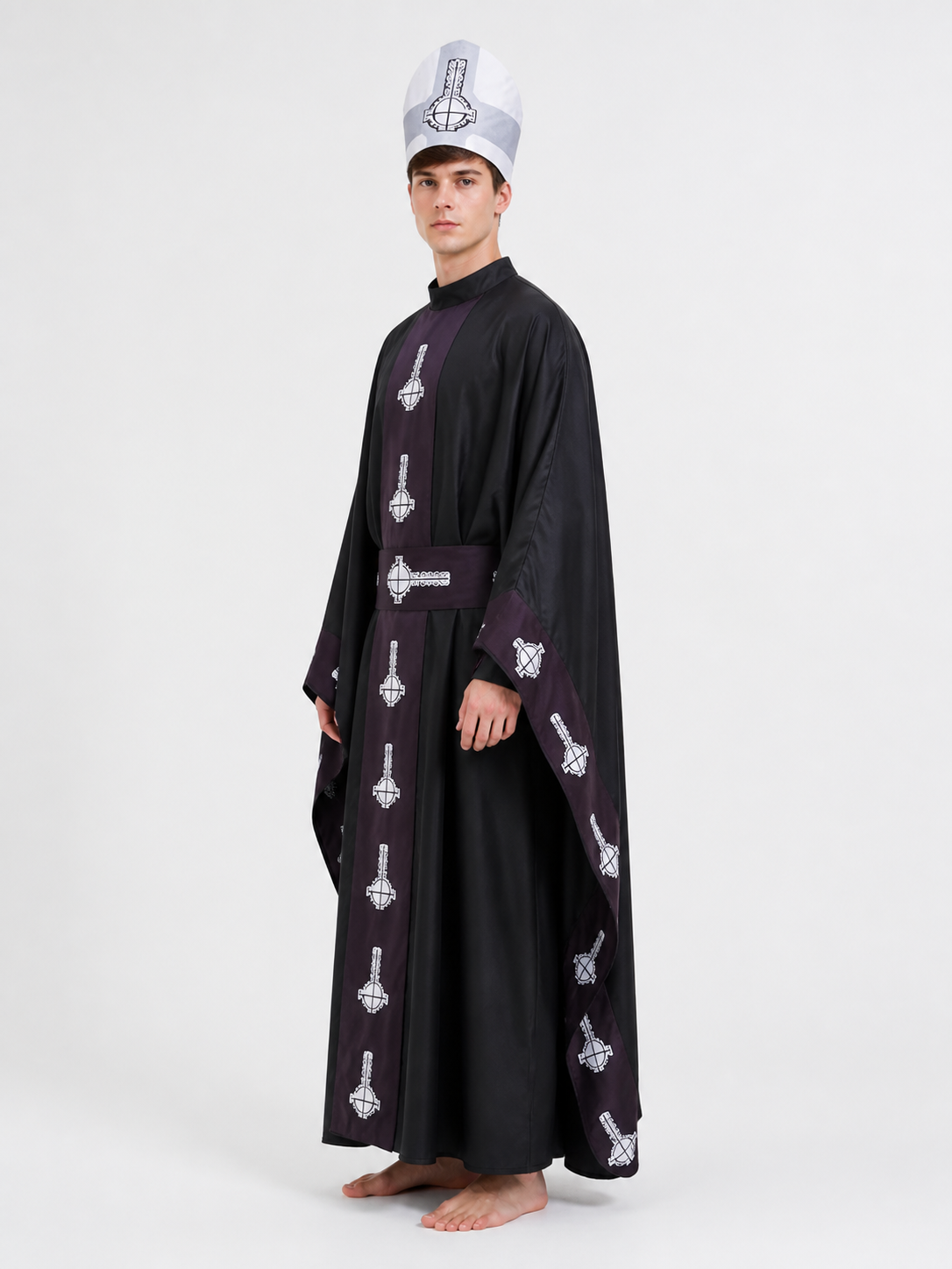 Hooded Cloak with Belt, Black with White Pattern side view