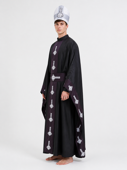 Hooded Cloak with Belt, Black with White Pattern side view