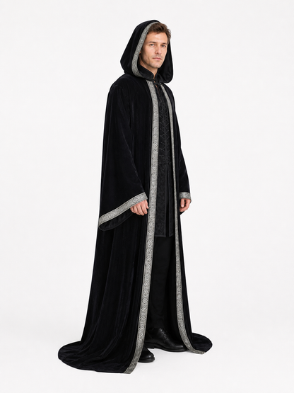 Black hooded cloak for Halloween, silver trim side view