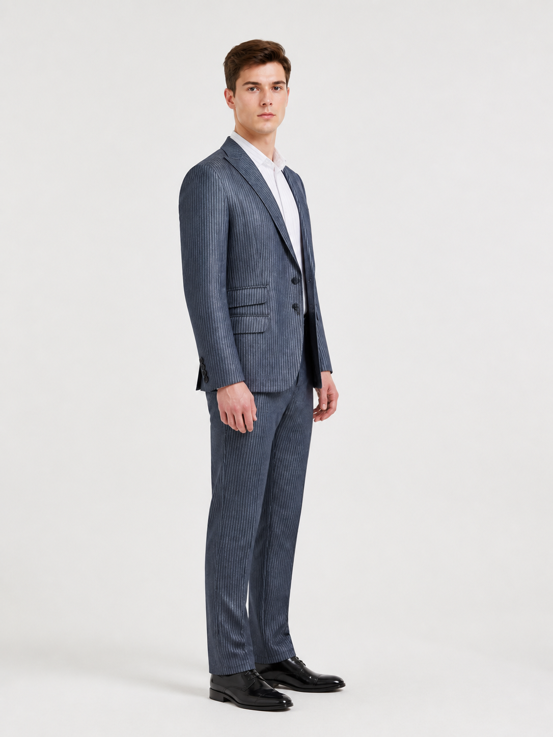 Pinstripe Two-Piece Suit with a Single-Breasted Blazer side view