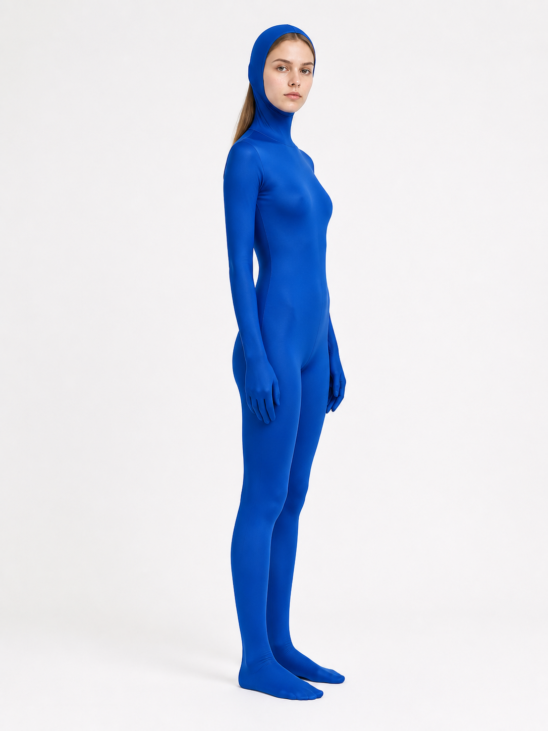 Blue Tight-Fitting Hooded Jumpsuit side view