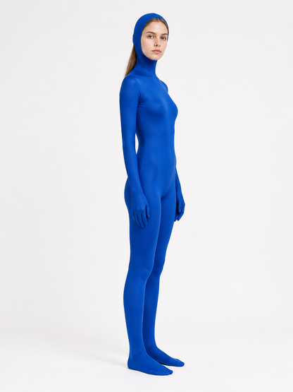 Blue Tight-Fitting Hooded Jumpsuit side view