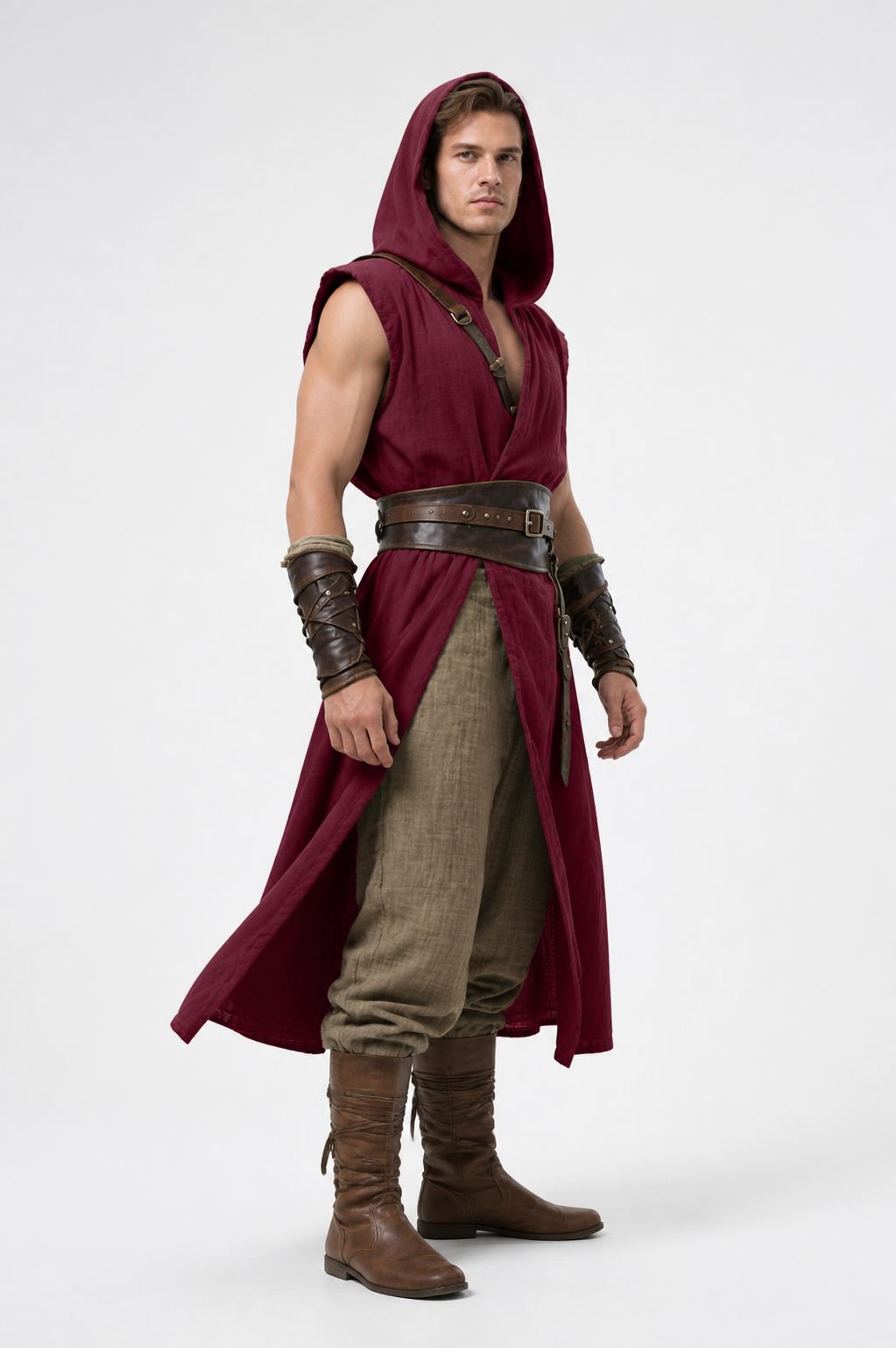 Long Hooded Sleeveless Red Cloak side view