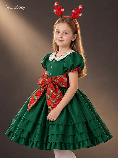 Dressy Dark Green Dress with Plaid Bow and Headband