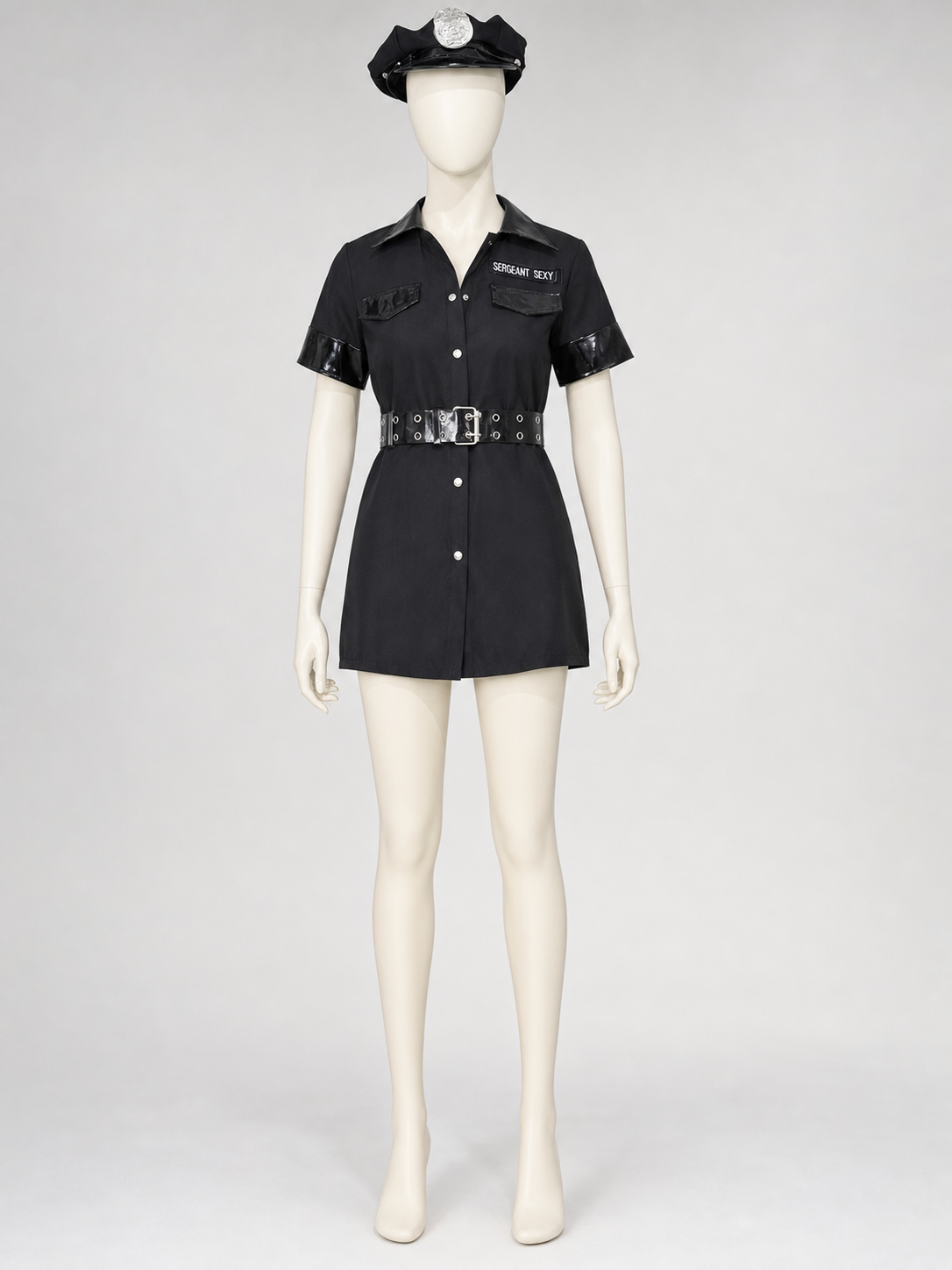 A one-piece costume styled like a police uniform, featuring short sleeves, a side view