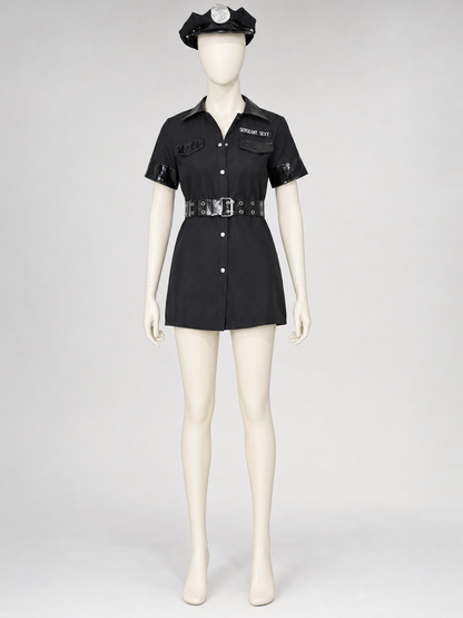 A one-piece costume styled like a police uniform, featuring short sleeves, a side view