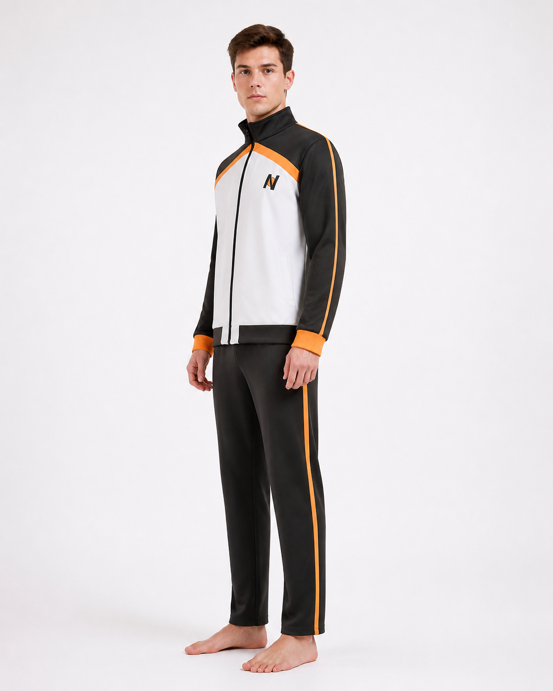 Black, White, and Orange Anime Zip-Up Tracksuit side view