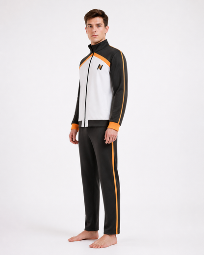 Black, White, and Orange Anime Zip-Up Tracksuit side view