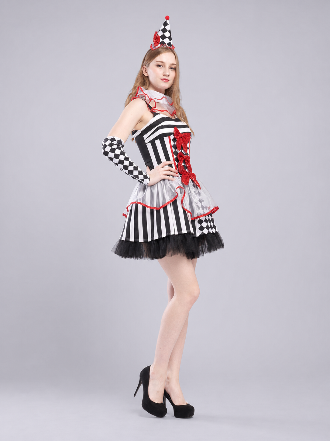 Clown Carnival Costume: Dress, Gloves, and Cap