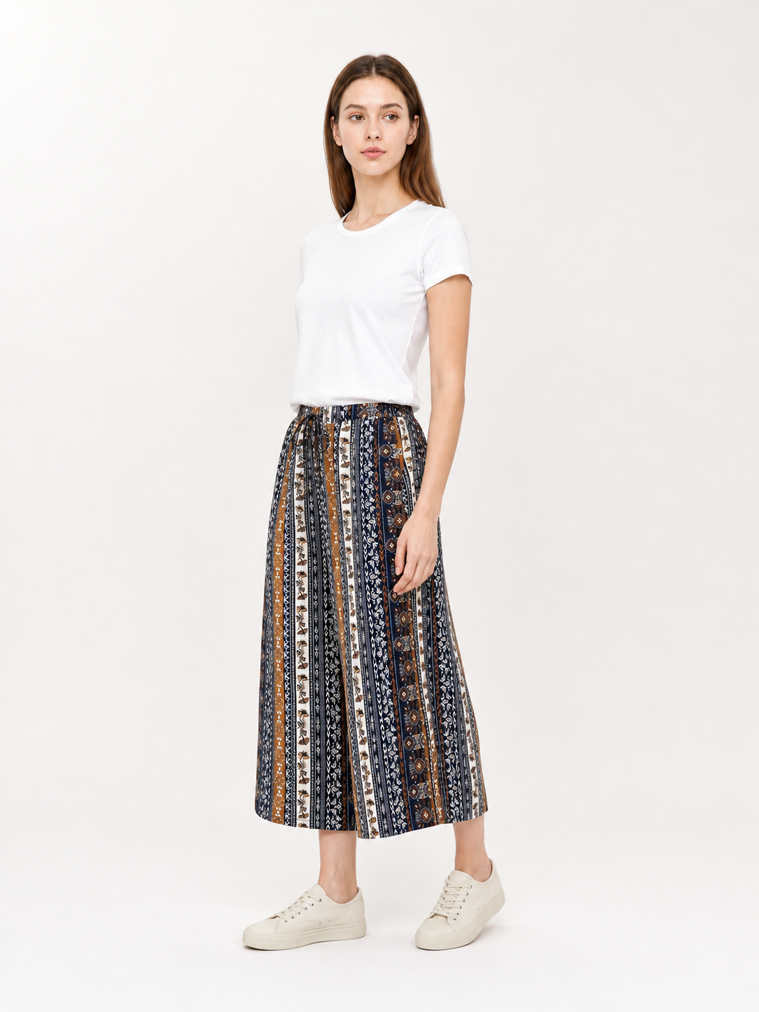 Bohemian High-Waist Wide-Leg Drawstring Pants with Multi-Color Vertical Stripes side view