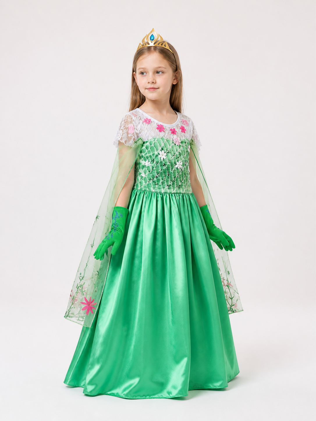 Carnival Costume with Green Dress, Crown, and Gloves