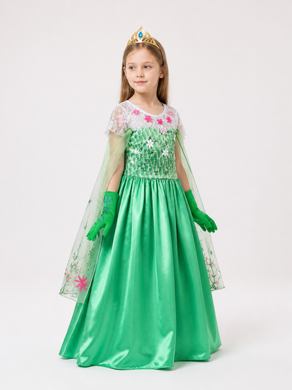 Carnival Costume with Green Dress, Crown, and Gloves