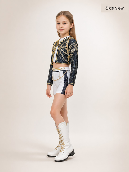 Kids' Black and White K-Pop Stage Costume Set side view