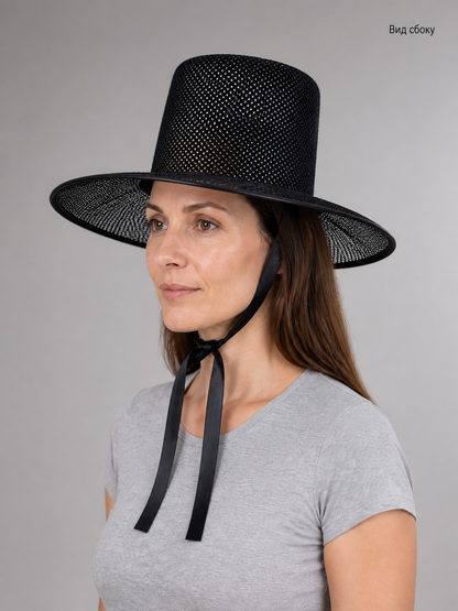 Black Carnival Hat with a Wide Brim and Ties side view