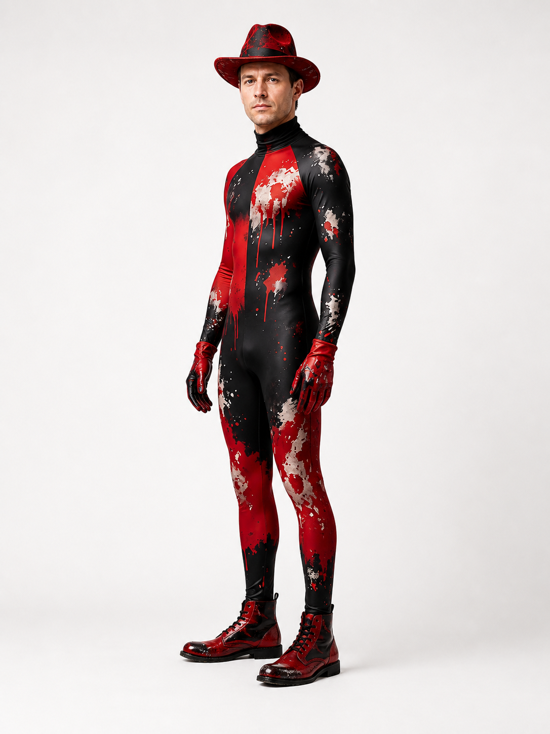 Red and Black Fitted Clown Costume with Blood Stains side view