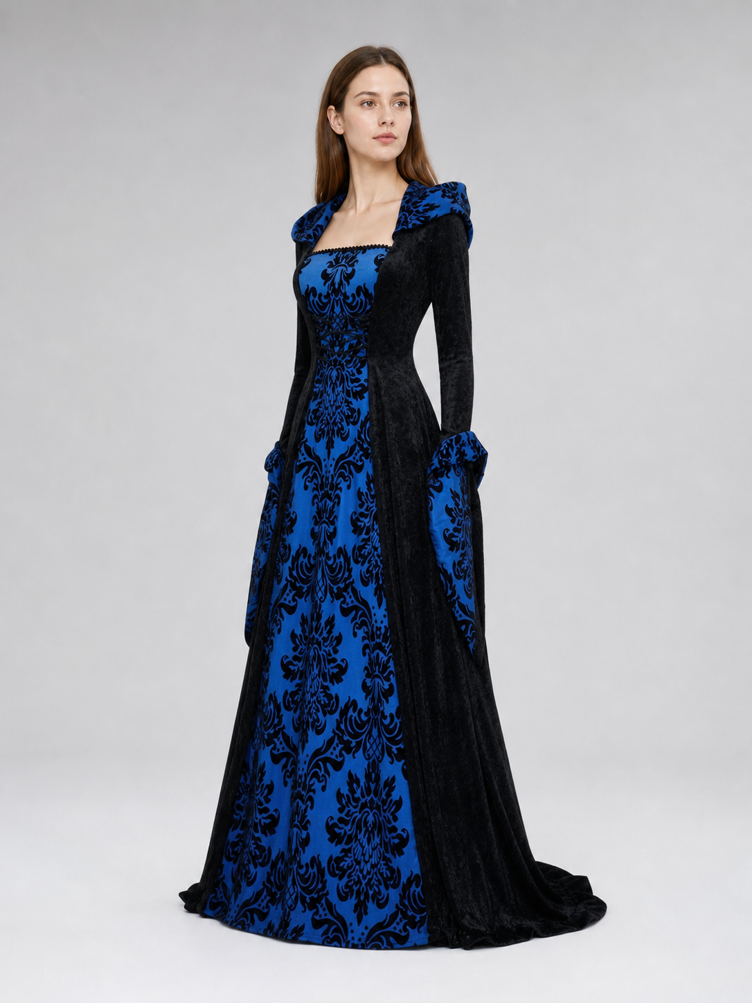 Gothic Hooded Dress with Damask Pattern
