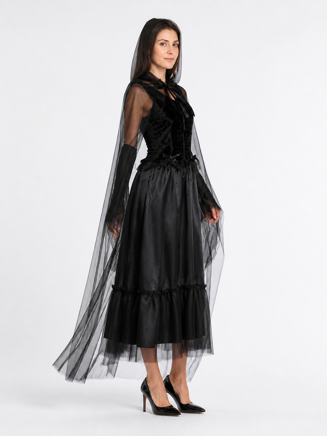 Black Ghost Bride Dress with Hood and Cape side view
