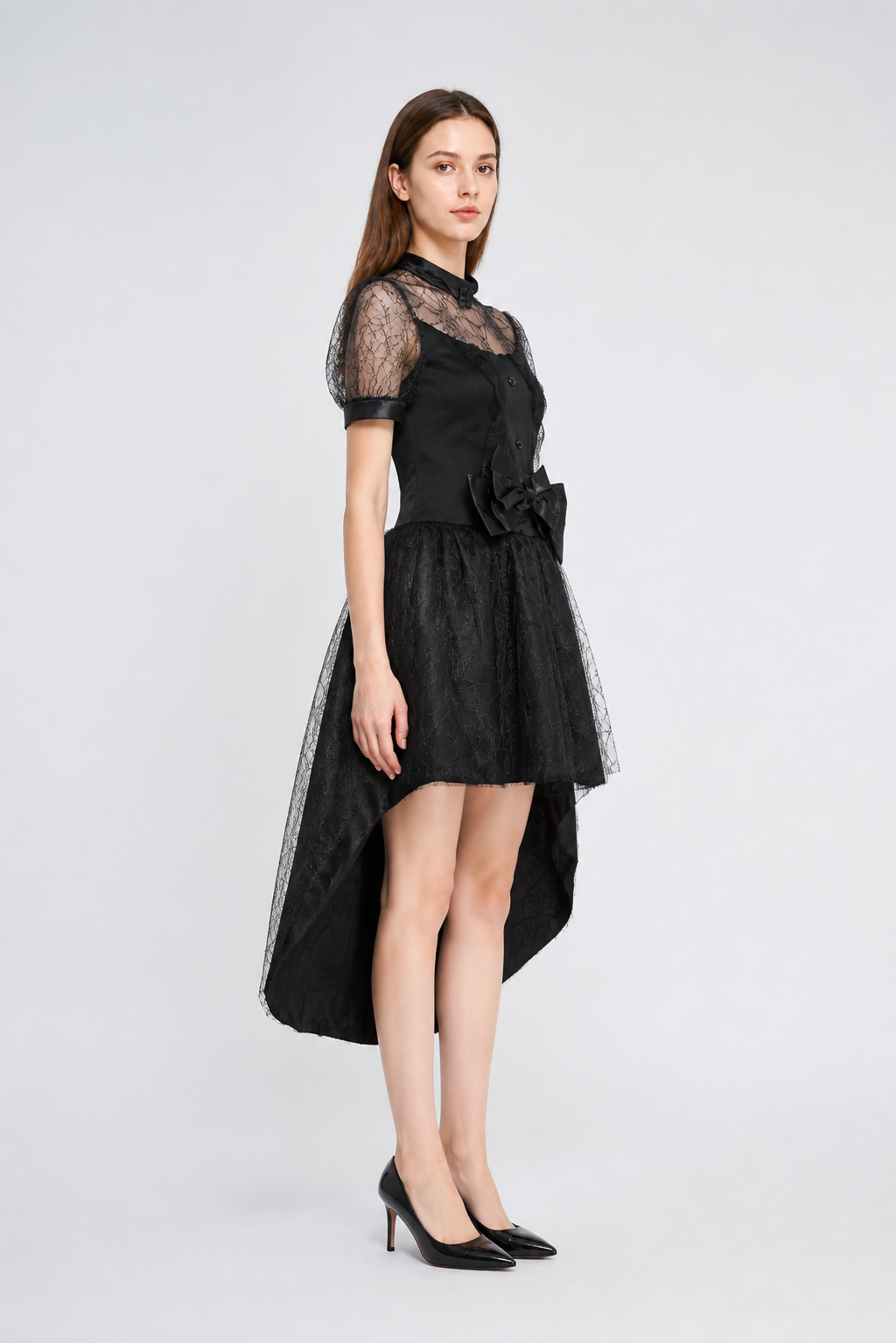 Black Witch Costume with Full Skirt and Asymmetrical Hem side view