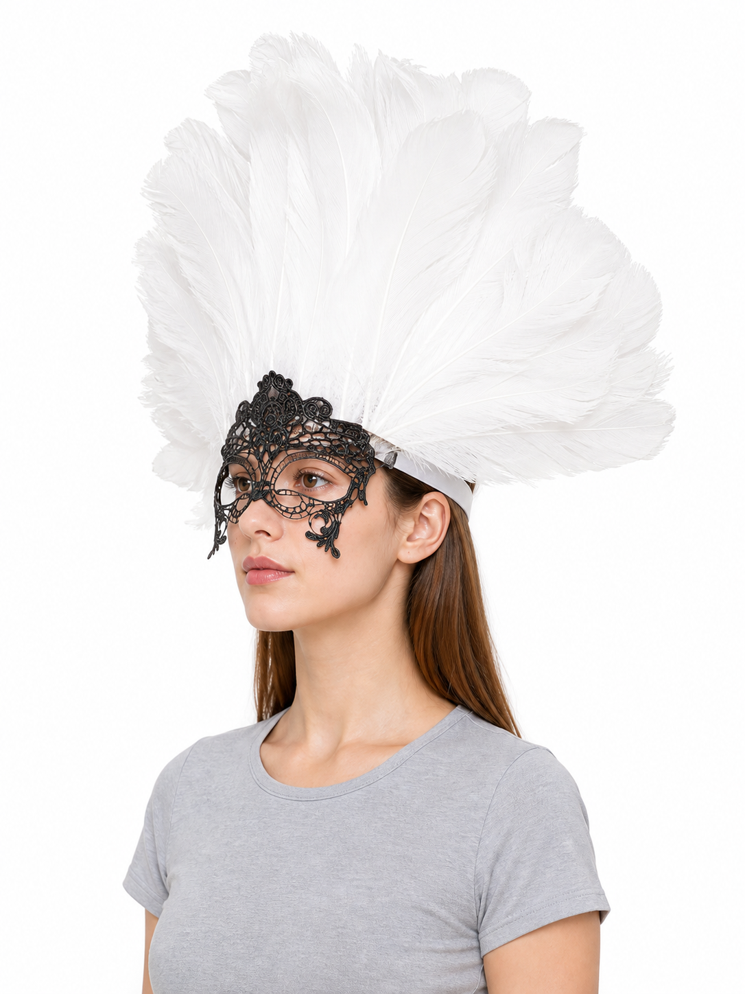 Masquerade Lace Eye Mask with White Feathers