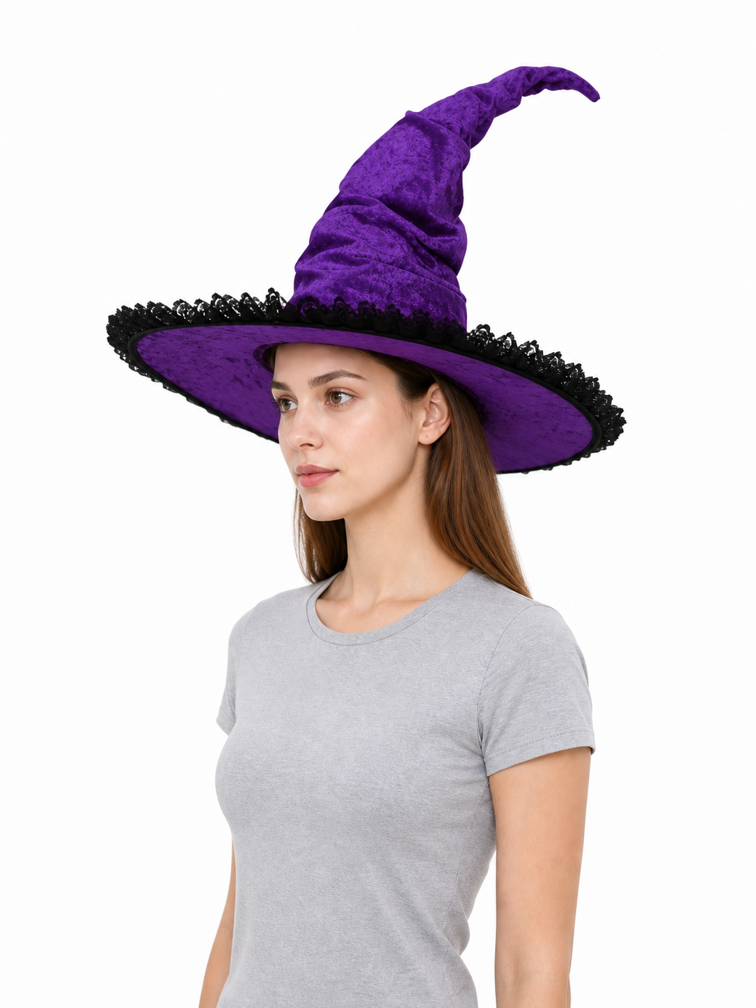 Halloween Witch Hat, Tall Curved Pointed Crown, Wide Irregular Brim, Deep Purple Gothic Style with Black Trim for Cosplay and Themed Parties
