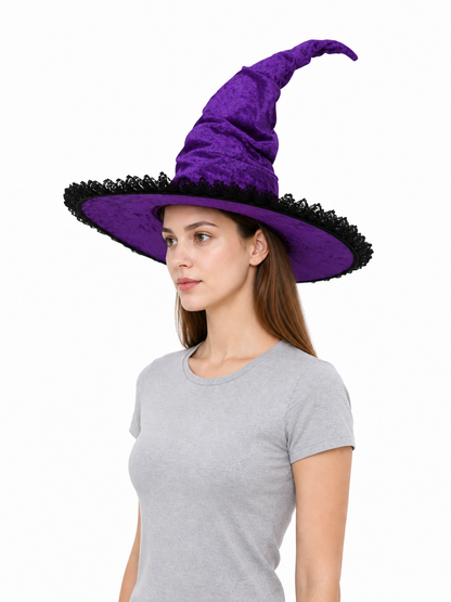 Halloween Witch Hat, Tall Curved Pointed Crown, Wide Irregular Brim, Deep Purple Gothic Style with Black Trim for Cosplay and Themed Parties