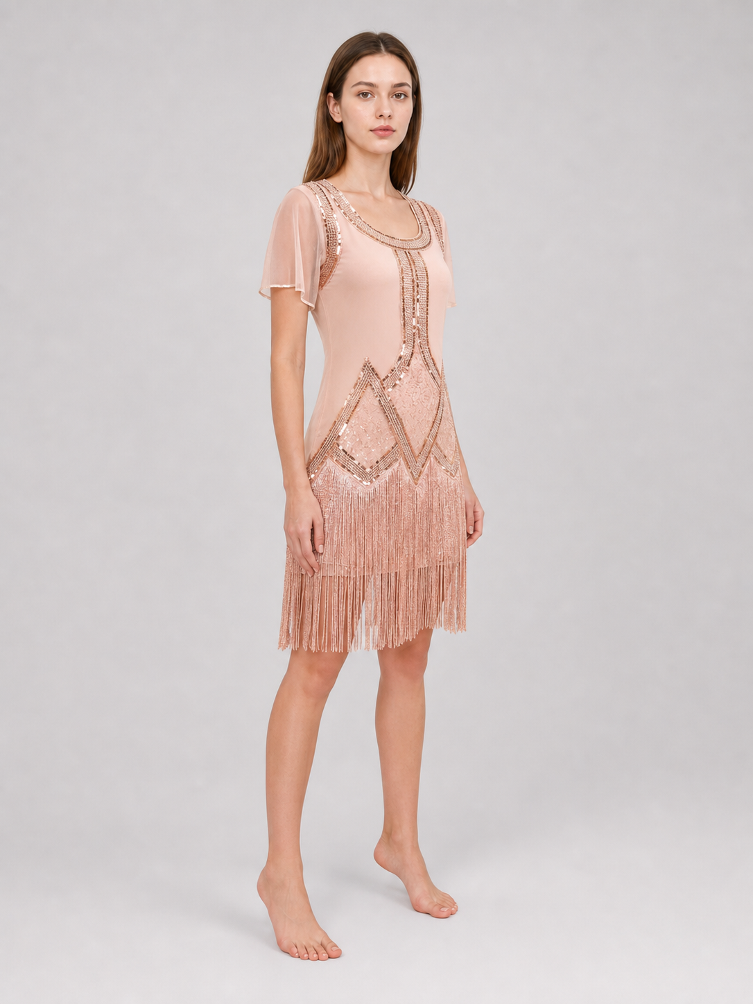 Gatsby-Style Evening Dress with Fringe and Sequins