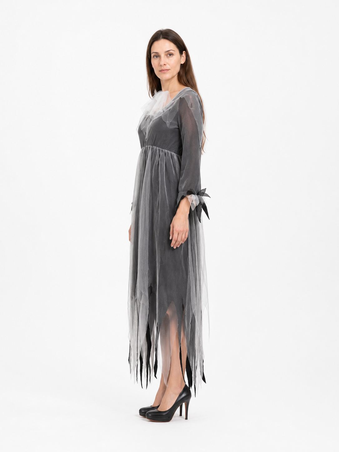 Ghost Bride Dress, Gray and Black, Long, Ragged Hem side view