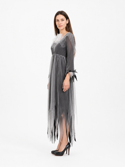 Ghost Bride Dress, Gray and Black, Long, Ragged Hem side view