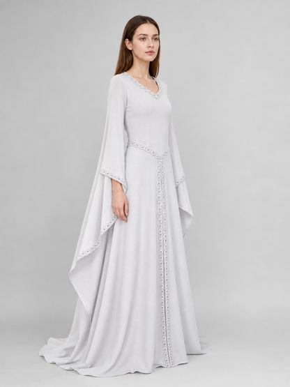 White Maxi Dress with Embroidery and Flared Sleeves