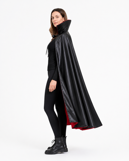 Long black hooded cape with red lining side view