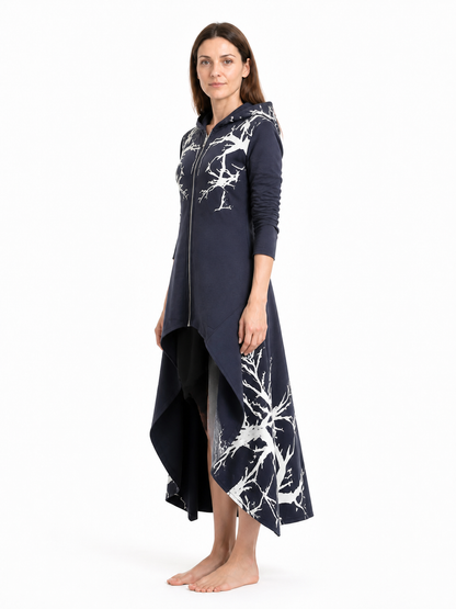 Dark navy cloak with a hood and asymmetrical hem side view