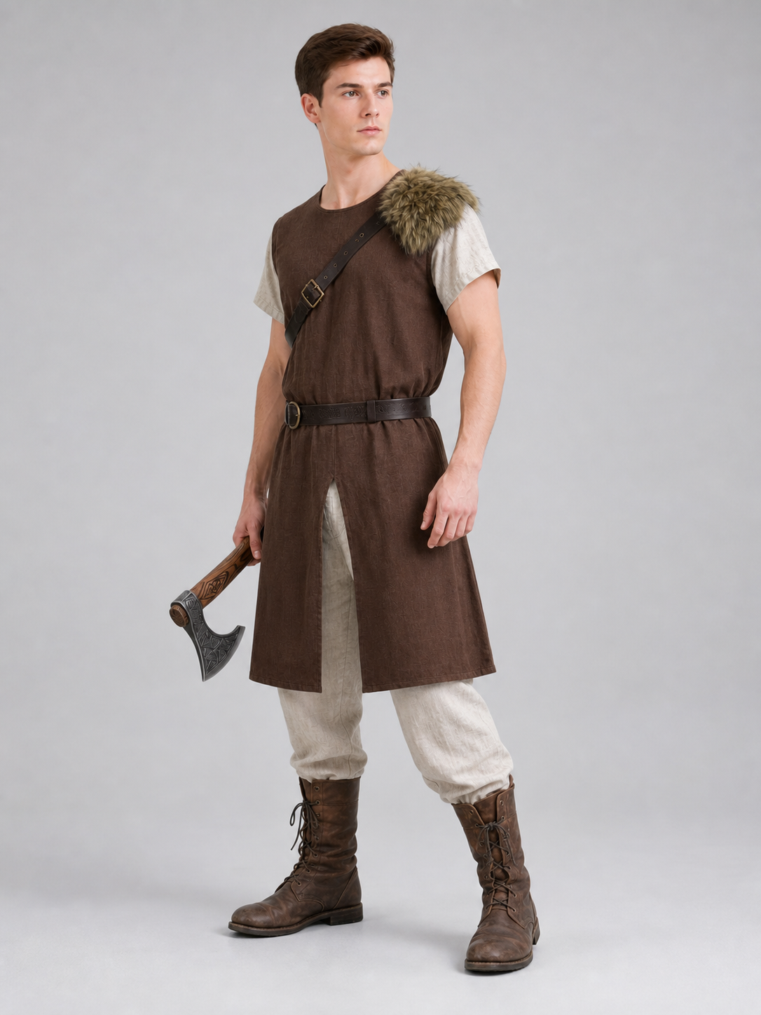 Back view of a brown sleeveless tunic with a long straight hem, dark waist belt and light trousers on a full-body model