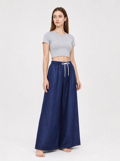 Dark Blue Palazzo Pants with an Elastic Waistband and White Drawstring side view 3