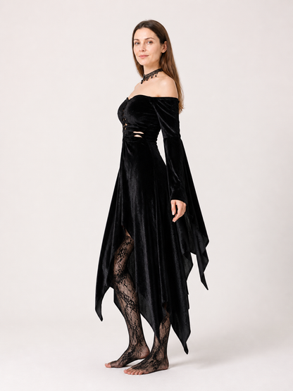 Black Gothic Dress: Off-the-Shoulder Design and Uneven Hem