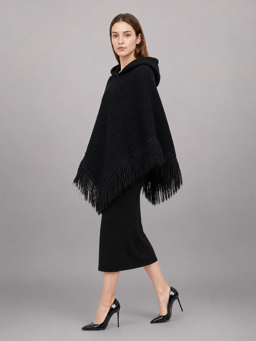 Triangular Hooded Poncho Cape with Belt