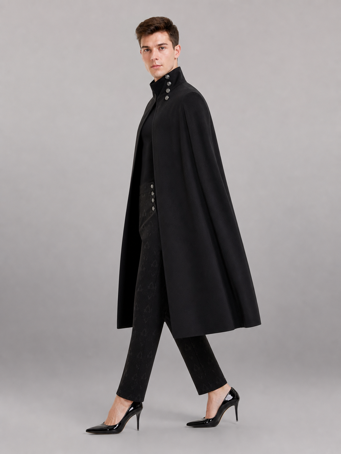Black High-Waisted Pants with a Tonal Pattern
