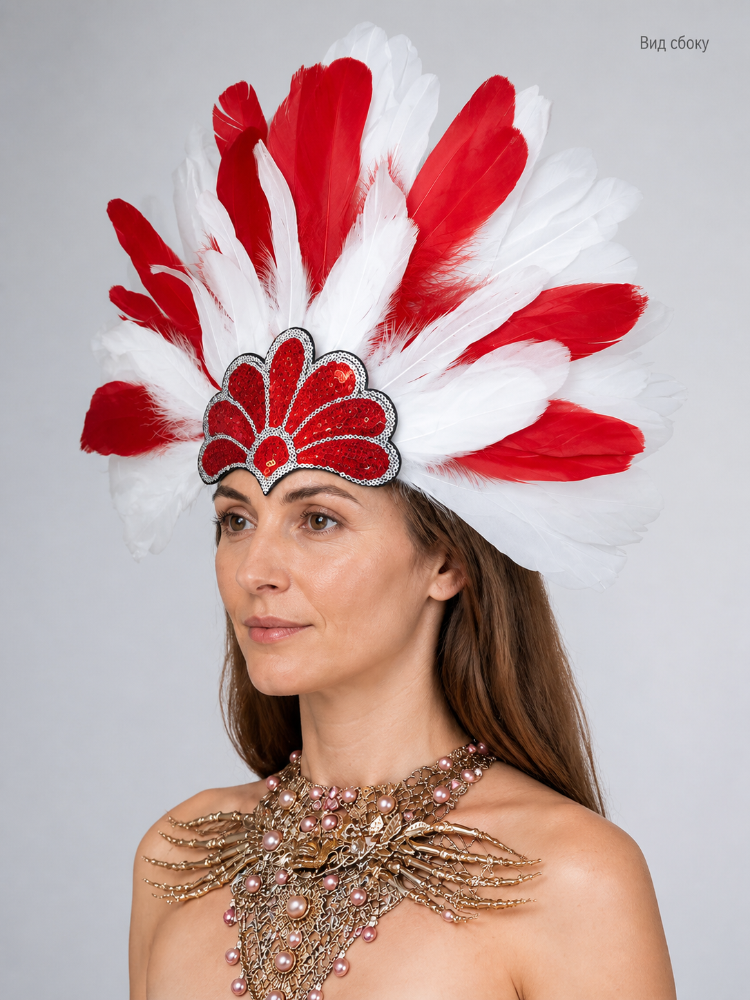 Red and White Feathered Carnival Headpiece side view